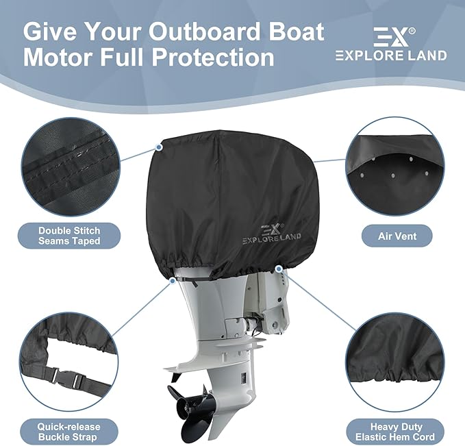 Explore Land Outboard Motor Cover - Waterproof 600D Heavy Duty Boat Engine Hood Covers - Fit for Motor 50-115 HP, Black