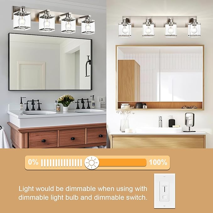 4-Lights Bathroom Vanity Light Fixtures in Brushed Nickel, E26 Socket Wall Sconce Lighting Fixtures with Clear Glass Shades for Over Mirror Bedroom Living Room Cabinet
