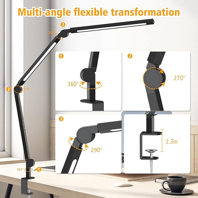 LED Desk Lamp with Clamp, Adjustable Swing Arm for Home Office, Dimmable Tempering Eye Care, Bright Modern Led Table Lamp for Nail Tech Architect, Flexible Tall Task Table Light