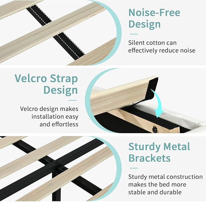 Queen Bed Frame, Bed Frame Queen Size with LED Lights, Upholstered Queen Bed Frames with Headboard, Heavy Duty Wood Slats Support, Noise-Free, No Box Spring Needed, Easy Assembly, White