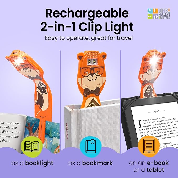 Gifts for Readers & Writers Bookmark Reading Lights Fox 2in1 Clip On Bookmark Kids Light for Reading in Bed, Rechargeable Travel Cute Lights, 20 Lumen LED