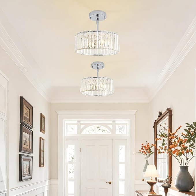 3-Light Modern Crystal Chandelier for Dining Room,Small Chrome Semi Flush Mount Ceiling Light Fixtures,12'' Round Kitchen Hallway Pendant Lighting Fixture for Entryway Foyer Laundry Room