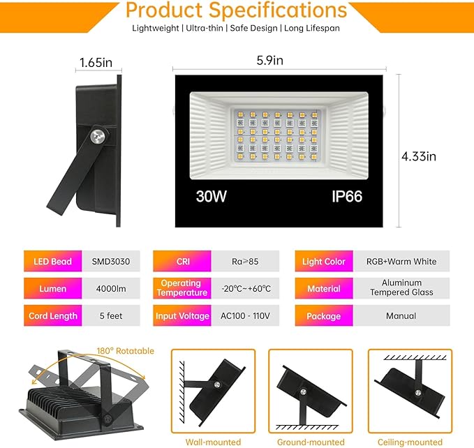 LED Flood Light Outdoor, 30W RGB Color Changing Smart Floodlights 2700K 3000LM Warm White & 16 Million Colors, RGBW Stage Lights with APP Control, 43 Modes, Grouping, Timing, IP66 Waterproof (2 Pack)