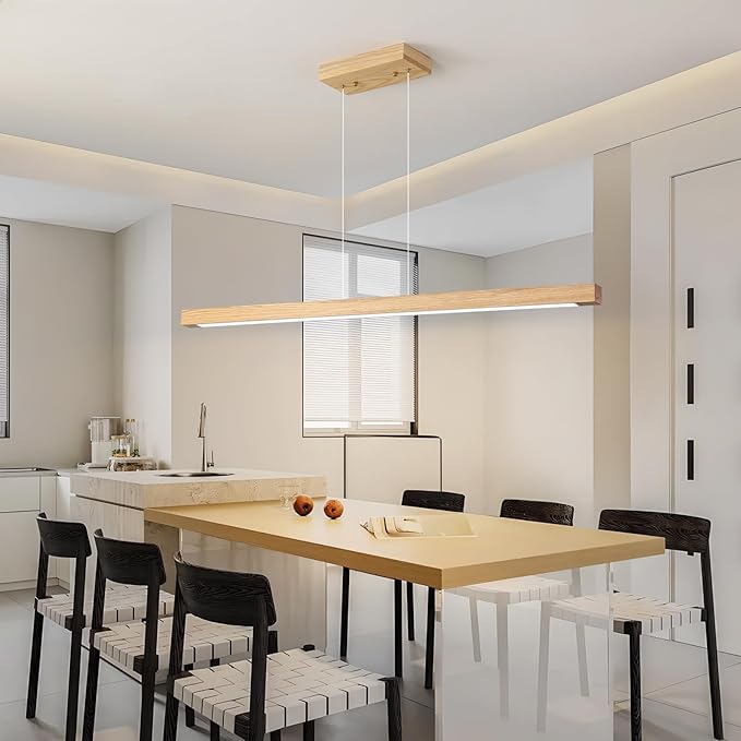 Modern Wooden Pendant Light, 47IN White Ash Wood Chandelier with Remote Control 3000k-6500K Adjustable Color Temperature，Aluminum Island Lighting Lamp for Dining Room, Living Room A