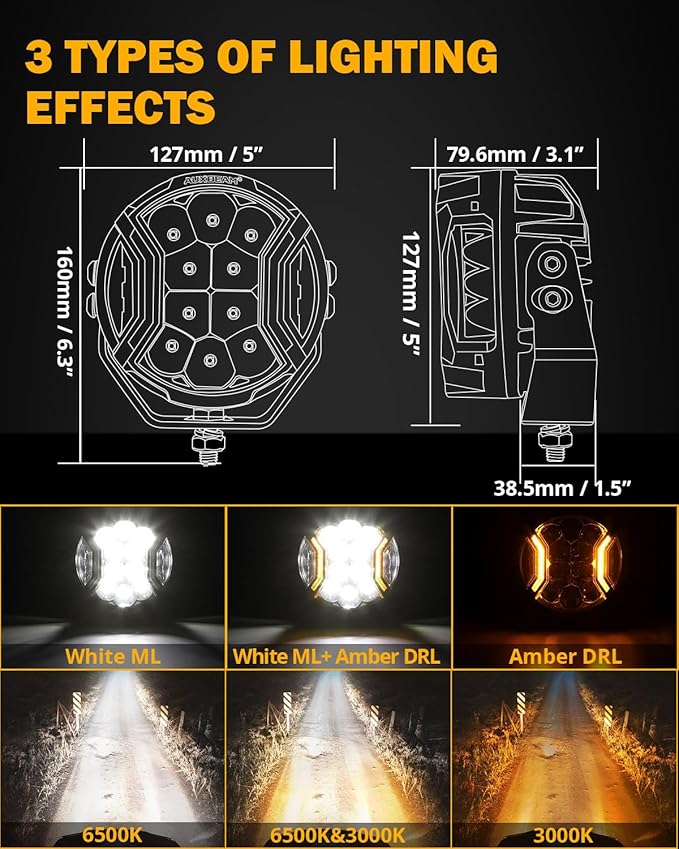 Auxbeam 5In V-Ultra Series 172W LED Light Pods, Offroad Round Driving Light with Amber DRL, 270° Wide Range Super Bright Side Shooter White Hyper Spot Beam Universal Lights with Black Cover-2PCS
