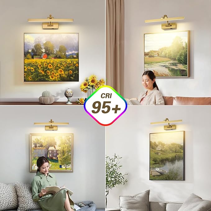 Picture Lights for Wall Battery Operated, Brass Art Lighting for Paintings with Remote and Timer, Wireless Gallery Light for Portrait Frame Artwork, 16'' Inch 3CCT Dimmable