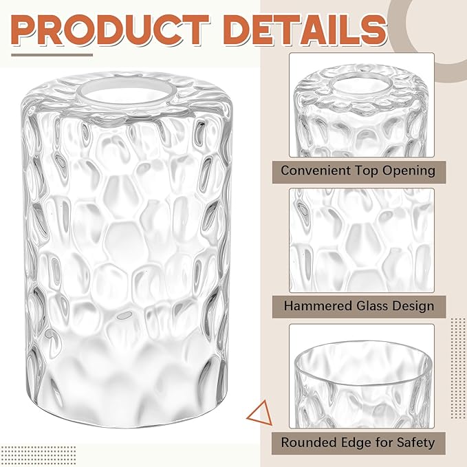 6 Pcs Clear Hammered Glass Shade Replacements for Pendant Light Fixtures Glass Lamp Shade Cover, 1-5/8 Inch Fitter E26 Base, 4"w x 6"h, Replacement Lamp Globe for Chandelier Wall Sconce
