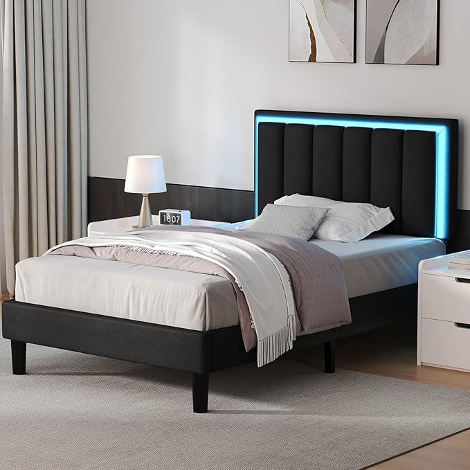 Twin Bed Frames, Upholstered Bed Frame Twin Size with Headboard, RBG LED Lights, Heavy Duty Wood Slats Support, Noise-Free, No Box Spring Needed, Easy Assembly, Black