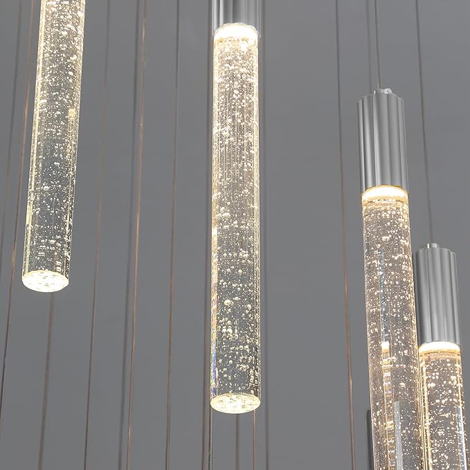 Modern 4-Light Crystal Pendant Chandelier – Rectangular Silver LED Ceiling Light with Cylindrical Crystals for Staircase, Foyer, Living Room, Hallway, Bedroom