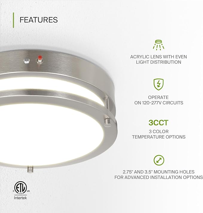 ASD LED 12" Round Flush Mount Lighting, Close to Ceiling Light Fixture | 3CCT, Dimmable, Battery Backup, ETL Listed | 20W 1850LM 3000-5000K 100-277V | Low Profile Double Ring Lamp | Nickel