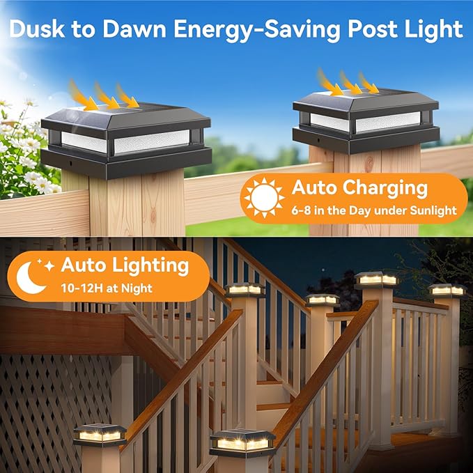 Solar Post Cap Lights Outdoor 6 Packs, Waterproof Solar Powered Deck Post lights for 4x4 4.5x4.5 5x5 Wooden/Vinyl, Black Fence Lights with 16LEDs Warm White/Cool White for Outdoor Decoration