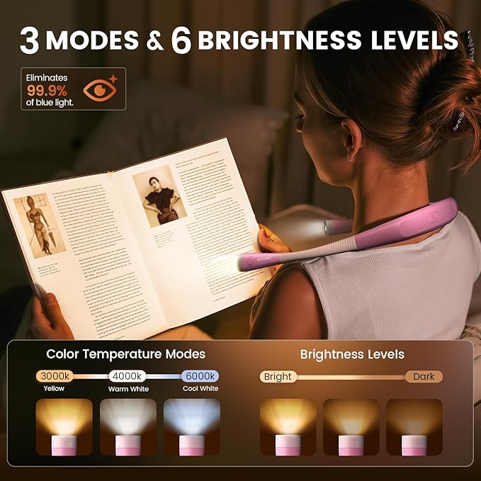 Glocusent Book Light, 3-Color & 6-Brightness Reading Light, Bendable Neck Light, 80-hr Lasting Rechargeable Book Light, Perfect Reading Lights for Books in Bed, Knitting, Book Lovers Gifts - 1Pack