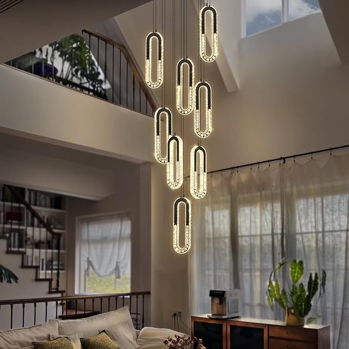 Modern Led Black Chandelier Adjustable 8 Rings Crystal Chandelier for Foyer Stairwell Crystal High Ceiling Pendant Light Dimmable 2700K-6000K