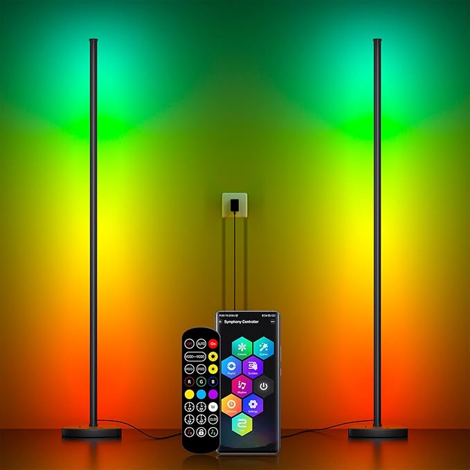 Corner Floor Lamp Pair, RGB IC Corner Lamps with APP and Remote Control, 16 Million Colors, Memory and Timing, Music Sync Color Changing Ambient Lighting for Living Room Bedroom Gaming(Ycord Type)
