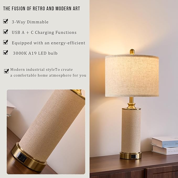 25.5"Boho Weaving Gold Large Table Lamps Set of 2, Touch Control 3-Way Dimmable Farmhouse Bedside Lamps with USB A+C Charging Ports for Living Room/Bedroom/Office-with (2 LED Bulbs Included)