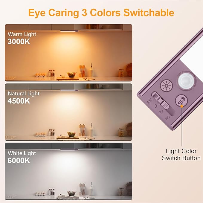 Gritin 10.2inch Under Cabinet Lighting Rechargeable -84 LED Super Bright,3-Color& 5 Level Brightness,4 Modes,Motion Sensor, Long Lasting- Easy Installation Magnetic Closet Lights -2 Pack-Mauve