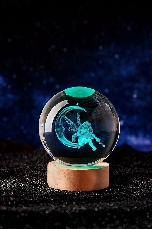 Large Moon&Fairy Crystal Ball Night Light with Woodern Base, 3D Fairy Crystal Lamp 16 Color Changing with Remote Control, Laser Engraved Fairy Glass Ball Lamp, Room Decor (Moon&Fairy)