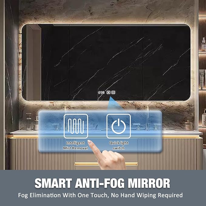 80IN Double Bathroom Vanity with Sink - Ambient Lighting & Glod Slate Top | Suspended Bathroom Cabinet, LED Smart Defogger Mirror, Wall Mounted Bathroom Vanities