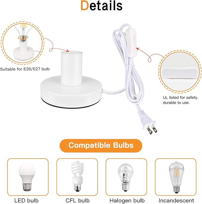 Helunsi Industrial Table Lamp Base - E26/E27 Edison Light Bulb Stand, Exposed Bulb, Simple Metal, 5.8ft Cord Switch Plug, White