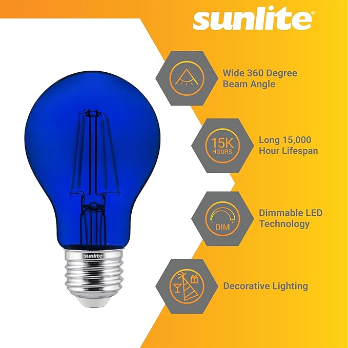 Sunlite 81080 LED Colored Filament A19 Light Bulb, 4.5 Watts, Medium E26 Base, 120 Volts, Transparent Blue, Dimmable, 320 Degree Beam Angle, UL Listed, 2 Count