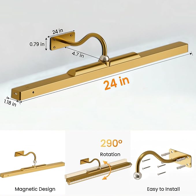 2 Pack 24 Inch Wall Lights for Pictures - Brass Cordless Rechargeable Wall Sconces with Dimmable Remote for Above Mirror, Painting & Décor