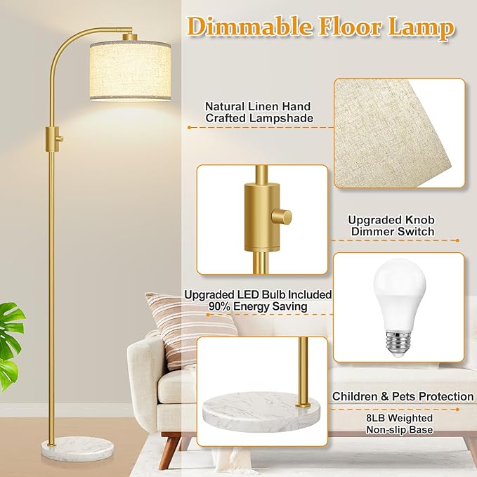 【Upgraded】 Dimmable Gold Floor Lamp, 1200 Lumens LED Bulb Included, Arc Floor Lamps for Living Room Modern Standing Lamp with Marble Base, Tall Lamp for Living Room Bedroom Office Reading Room Nursery
