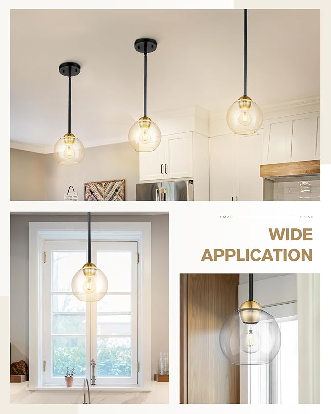 Emak 2 Pack Black and Gold Pendant Light Fixtures, Modern 7 Inch Globe Pendant Lights Kitchen Island with Clear Glass Shade, 1 Light Hanging Lights for Kitchen, Bedroom, Bathroom, PL119-BKBGD-2PK