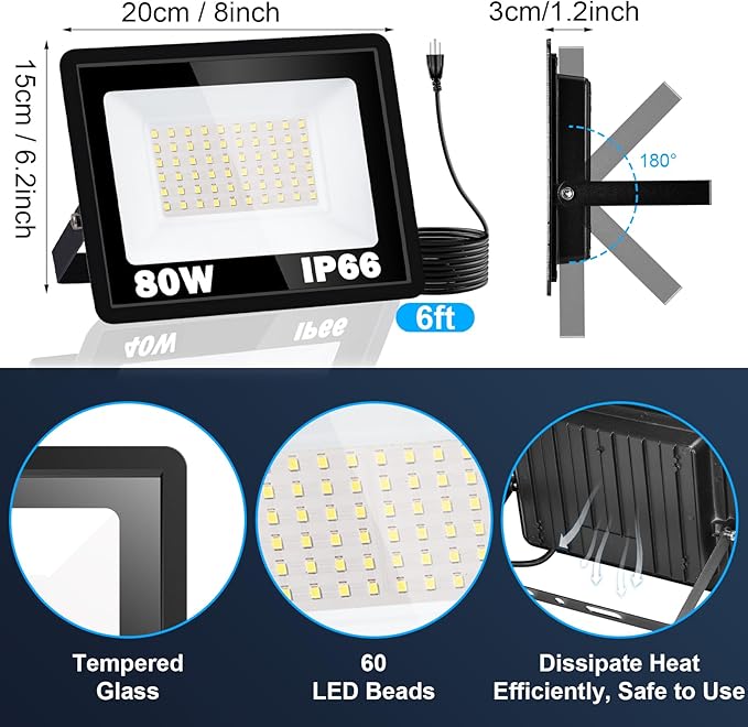 80W LED Flood Light with Plug, 9600Lm Super Brighter Security Lights with 6ft Wire, 5000K Daylight White IP66 Waterproof Outdoor Work Light Floodlight for Yard Stadium Garden, 2 Pack