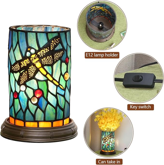 Tiffany lamp Stained Glass Table lamp Teal Dragonfly Style Bedroom Bedside Flower Vase Decor Green Small Night Light Mini Cute Kids Accent Unique LED Cottage Aesthetic Nightstand Cylinder Desk lamp