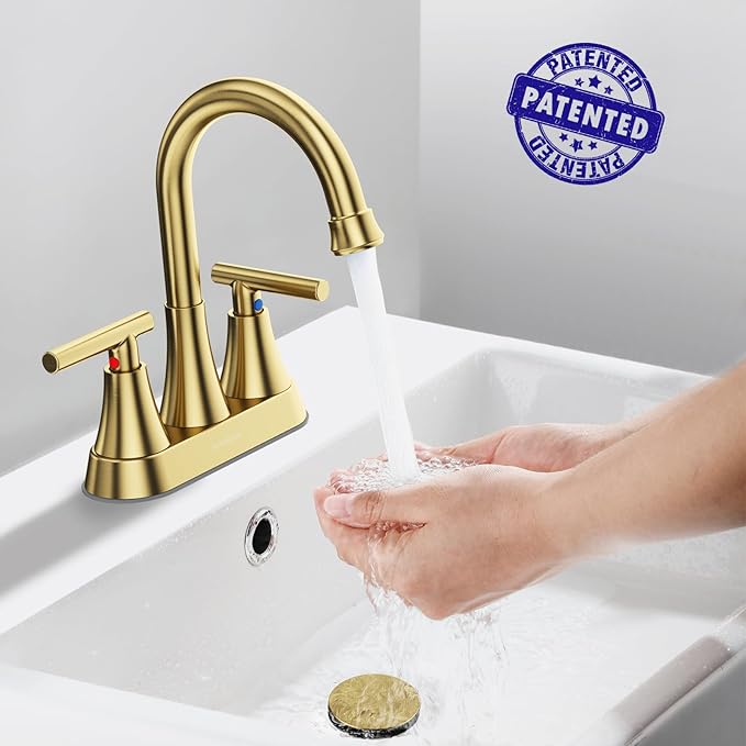 Bathroom Faucets for Sink 3 Hole, Hurran 4 inch Brushed Gold Bathroom Sink Faucet with Pop-up Drain and Supply Hoses, Stainless Steel Lead-Free Centerset Faucet for Vanity RV, 2 Pack