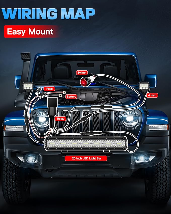 20 Inch LED Light Bar and 2PCS 4 Inch Led Pod Lights with Switch 16AWG 3 Leads Wiring Harness Triple Row Spot Flood Combo Off Road Lights Bar Light for Pickup Je-ep Truck Tractor UTV Boat
