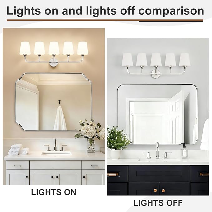 Brushed Nickel Bathroom Light Fixtures,5-Light Vanity Lights,Bathroom Lighting Fixtures Over Mirror with Flared White Fabric Shade,Modern Wall Sconce for Mirror Hallway Bedroom Living Room(ETL Listed)