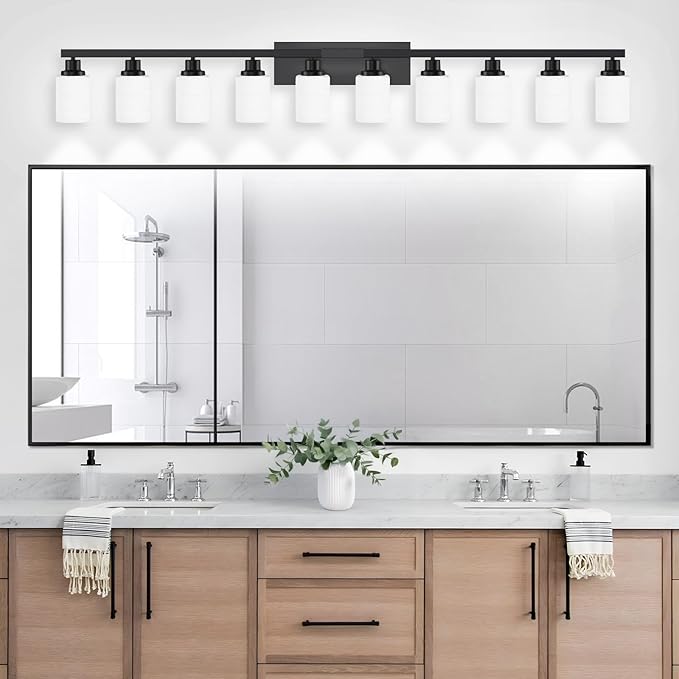 10 Light Bathroom Vanity Lights Over Mirror, 65.4 inch Black Vanity Lights Fixtures with White Glass Shades Matte Black Modern Vanity Lights Black Bathroom Wall Lighting for Mirror Bedroom