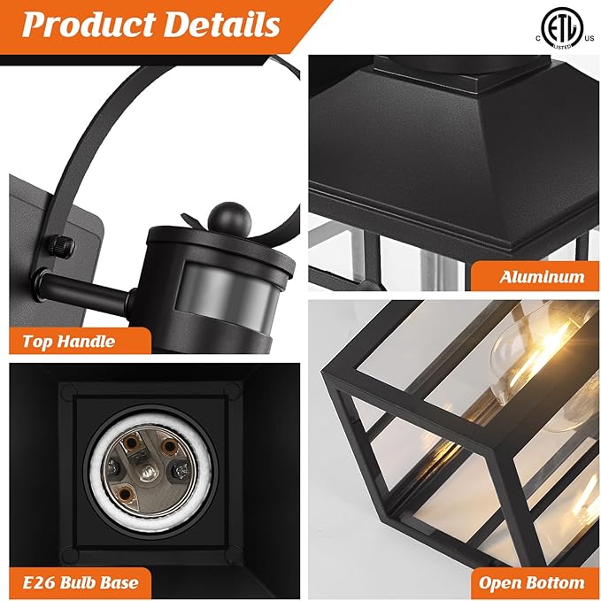 Outdoor Light Fixture Motion Sensor, 2-Pack Exterior Motion Sensor Outdoor Lights, Aluminum Outdoor Garage Lights Motion Sensor, ETL Listed Dusk to Dawn Outside Lights for House, Garage, Porch