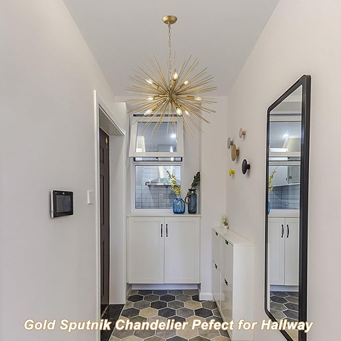 Modern 28.34" Golden Sputnik Chandelier Modern 9-Lights Geometric Starburst Chandelier Solid Metal Gold Sputnik Chandeliers for Dining Room, Kitchen, Bedroom, Living Room, E12