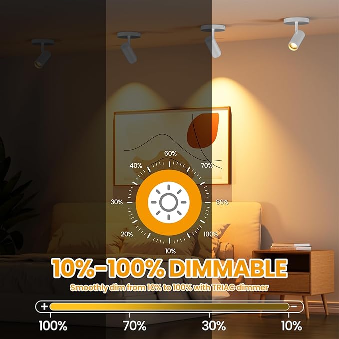 10W Zoomable 5-Color LED Ceiling Spotlight White Directional Ceiling Light Indoor Adjustable Ceiling Spot Light Fixture Dimmable Flush Mount Accent Lighting 15-60° for Kitchen 1000lm CRI90