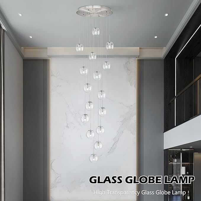 KoKo&Yukina 16-Light Nickel Mid Century Modern Chandelier for Living Room Staircase Chandelier for Entryway Clear Globe Glass Chandelier High Ceiling Chandeliers Foyer Entryway (Bulb & Remote Incl.)