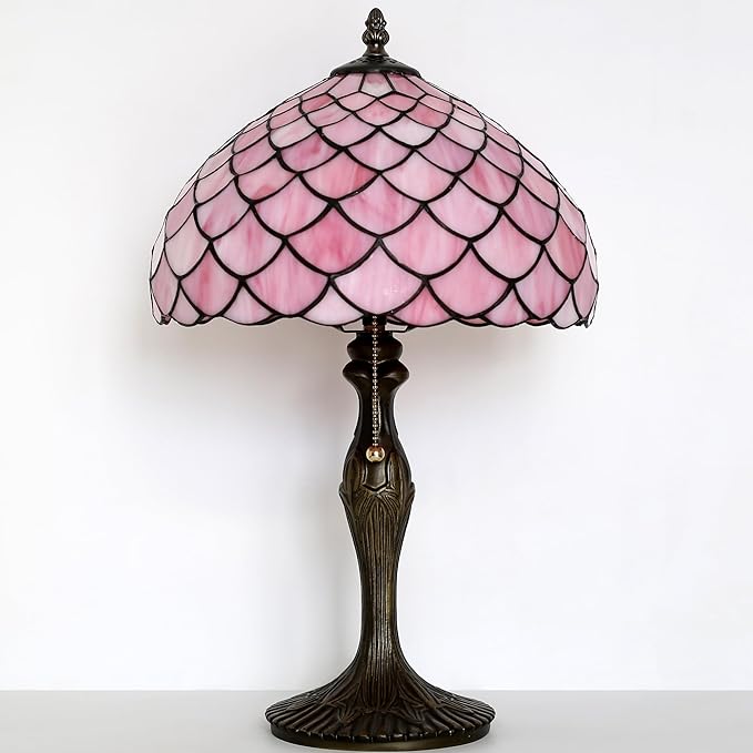 Tiffany Lamp Stained Glass Table Lamp 12” x 19” Pink Fish Scales Style Decorative Lamp Bedside Reading Lamp for Desk Living Room Bedroom Office Study Light Home Decor Gift