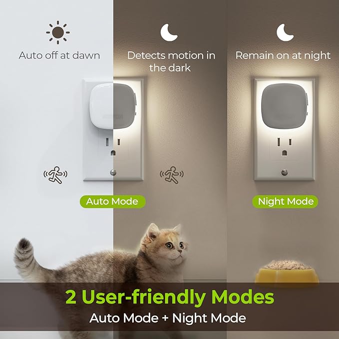 AUVON Plug-in LED Backlit Night Light with Motion Sensor & Dusk to Dawn Sensor, Dimmable Cool White Nightlight with 1-50 lm Adjustable Brightness for Bedroom, Bathroom, Stairs, Hallway (4 Pack)