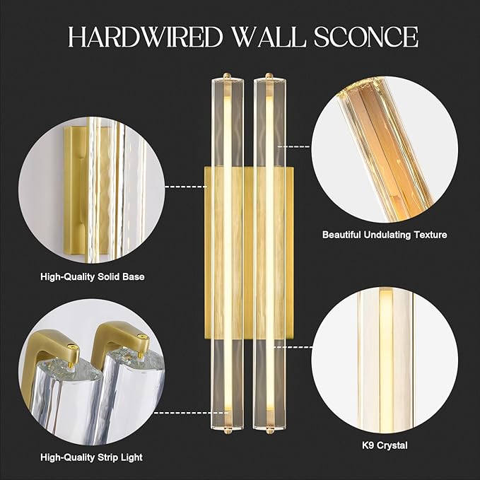 Crystal Wall Sconce, 19'' Brass Bathroom Wall Sconce, Modern Double Sconce Wall Lighting, Upgrated K9 Crystal Gold Wall Light, Bedroom Vanity Sconce, Wall Lamp for Living Room, Stairway, Hallway