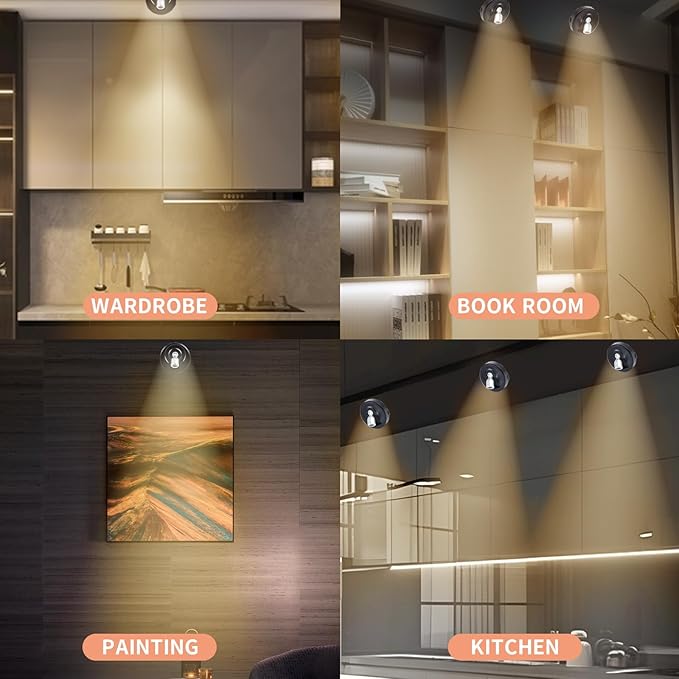 4-Pack Wireless LED Spotlight, Battery Powered Picture Lights, Plants Spot Light, Puck Lights with Remote, Indoor Uplights for Wall Art Display Dartboard Painting Artwork Closet Accent