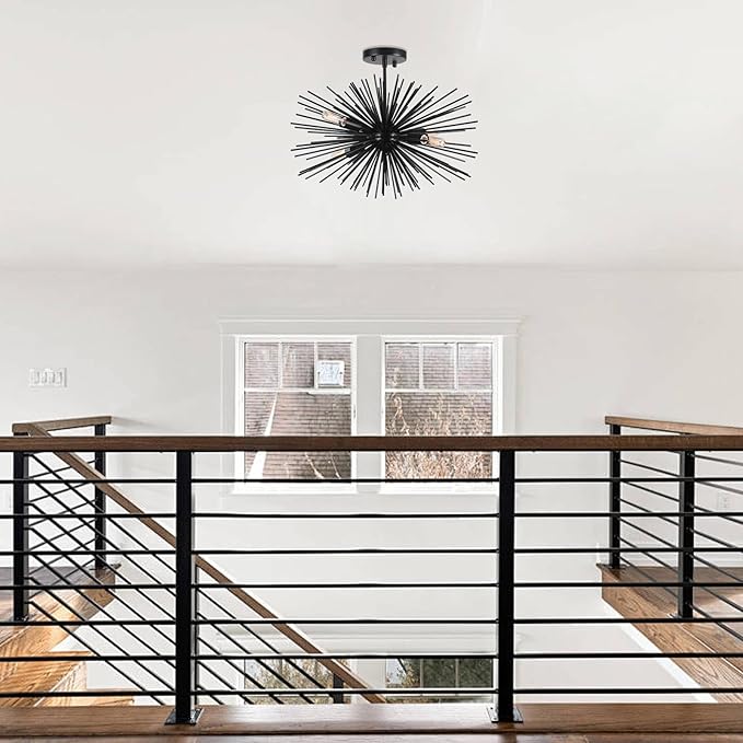 20" Vintage Black Sputnik Light Fixture 4-Lights Starburst Sputnik Black Chandelier Modern Solid Metal Semi Flush Mount Ceiling Light for Bedroom, Kitchen, Hallway, Laundry Room, E12