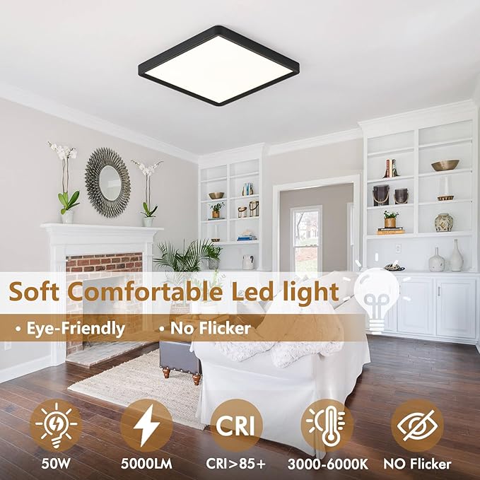 20 Inch Square LED Flush Mount Ceiling Light, 50W, 5000LM 3000K/4000K/6000K CCT Selectable, Large Square LED Flat Panel Ceiling Light Fixture for Bedroom,Kitchen,Living Room (Black 1PK)