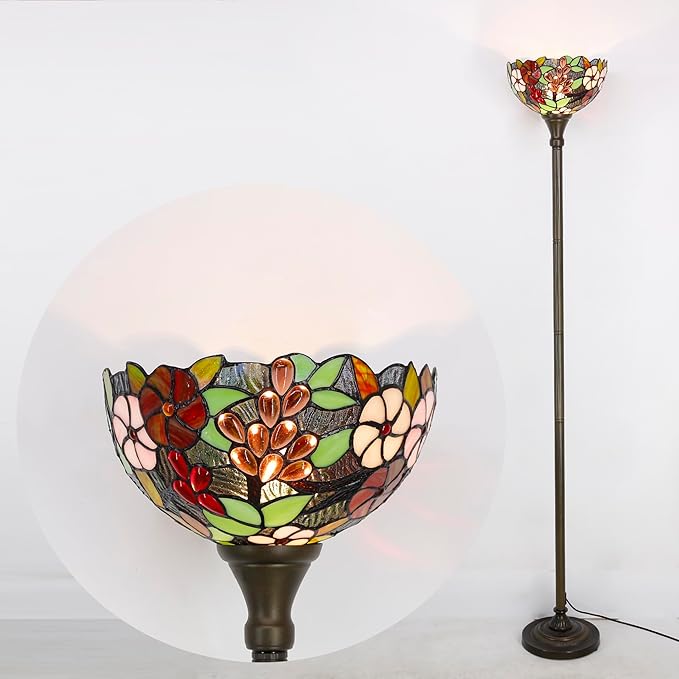 Tiffany Torchiere Floor Lamp Stained Glass Purple Grape Style Standing Corner Torch Uplight 12X12X72 Inch for Bedroom Living Room Home Office