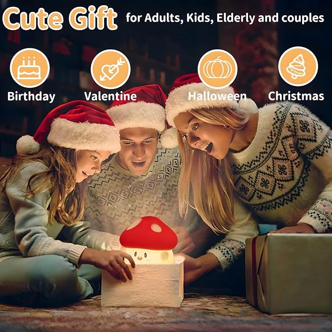 Mushroom Night Light Squishy Lamp, 50Hrs Battery Kids Nightlight, Tap Control, 30Min Auto-Off, Rechargeable Kawaii Bedside Lamp for Girls Room Decor, [Valentines Gifts]