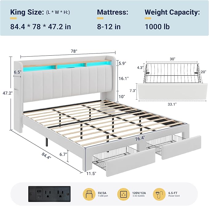 Allewie Velvet Vertical Tufted King Size Upholstered Platform Bed Frame with 2-Tier LED Storage Headboard & 2 Storage Drawers, USB & Type-C Charging Ports, Noise-Free/No Box Spring Needed, White