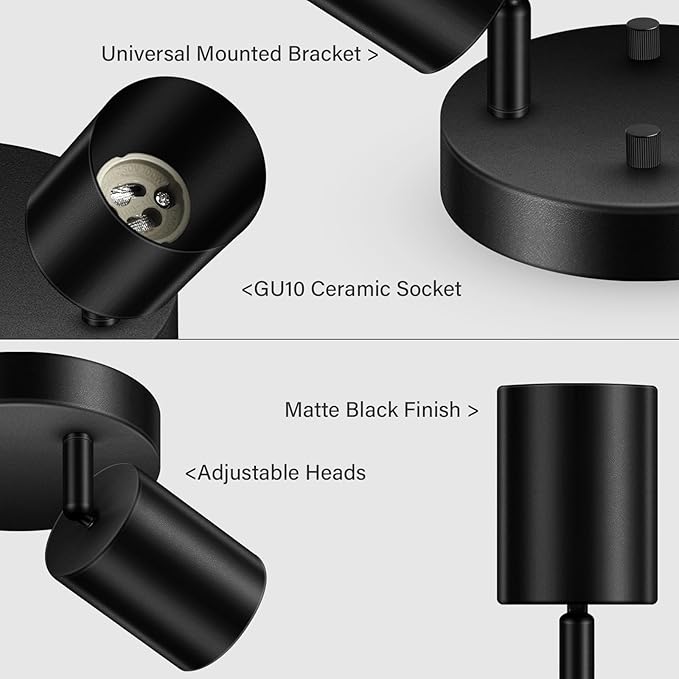 BoostArea LED 2 Light Track Lighting Kit, LED Track Lighting Fixtures, Black Round Ceiling Spot Lighting, Flexibly Rotatable Light Head for Kitchen, Living Room, Bedroom, GU10 Bulb Not Included