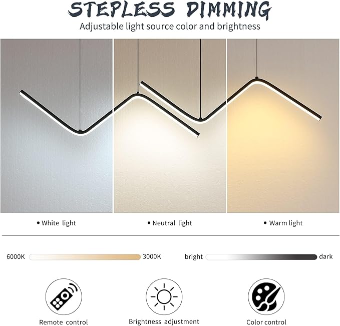 LED Modern Linear Pendant Lights, Dimmable LED Hanging Chandelier Fit Dining Room Kitchen Island, 3000K-6000K with Remote Contro Bright Light Fixture (Black, 47.2IN)