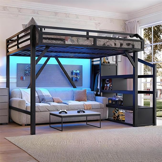 Bellemave Queen Loft Bed Frame with Storage Stairs, Beside Shelf & Wardrobe, Metal Queen Size Loft Bed with USB Ports & LED Light, Large Under-Bed Space Loft Beds for Adults, Teens, Kids, Black
