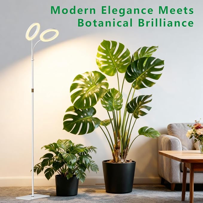 Full Spectrum Grow Light with Stand for Indoor Plants, Floor Plant Light, 6/12/18H Timer, 3 Color Modes, Adjustable Height 16.5–67in, for Large Plants & Home Décor(2 Heads White)